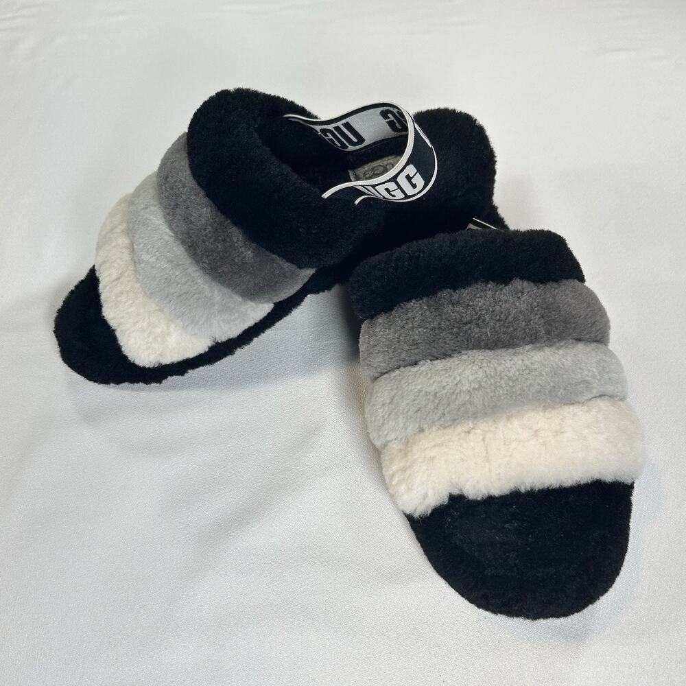 UGG Women's Fluff Yeah Slide Slipper Black/White/Gray/Charcoal Women's Size 9